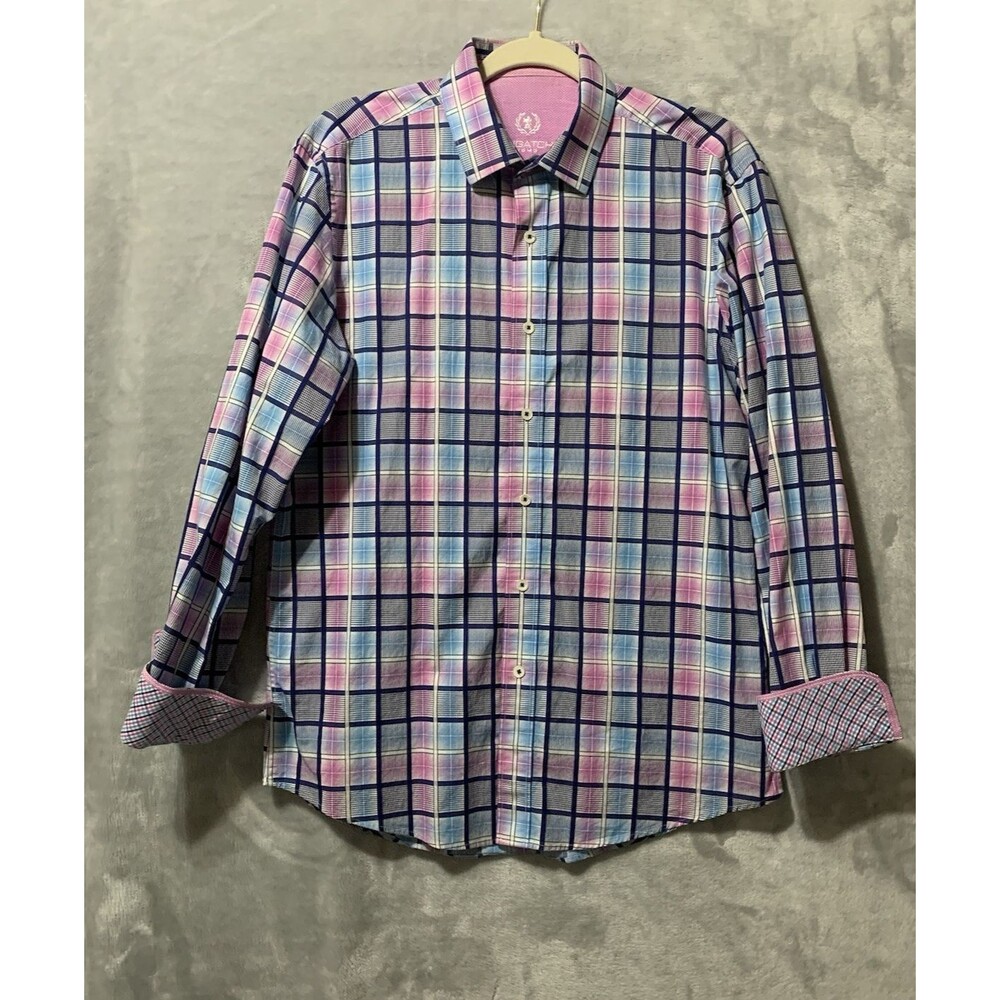 Bugatchi Blue and Pink Plaid Long-Sleeve Button-Down Shirt